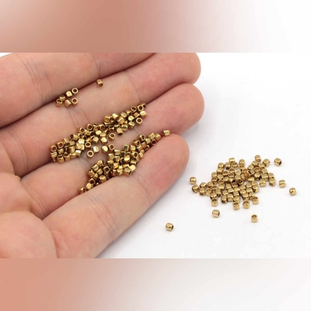 100 PCS 2mm Raw Brass Tiny Cube Beads, Cube Spacer Beads, Geometric Beads